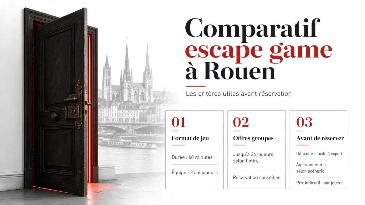 Infographie comparative pour rouen escape game avec durée, joueurs, difficulté et prix
