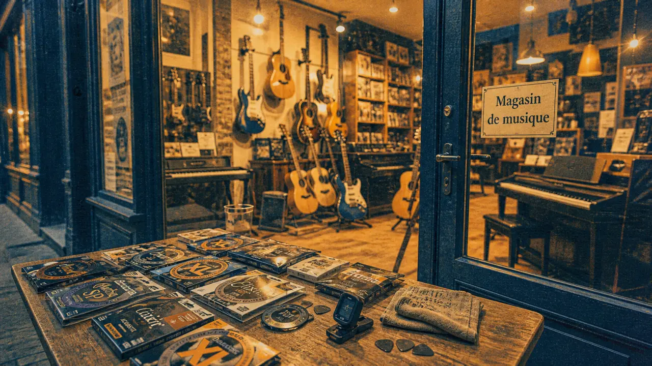 Magasin de musique à Rouen : vitrine et accessoires en boutique