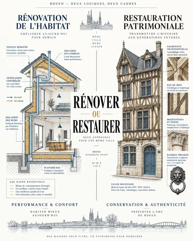 Schéma distinguant préservation du patrimoine à Rouen entre rénovation de l'habitat et restauration patrimoniale