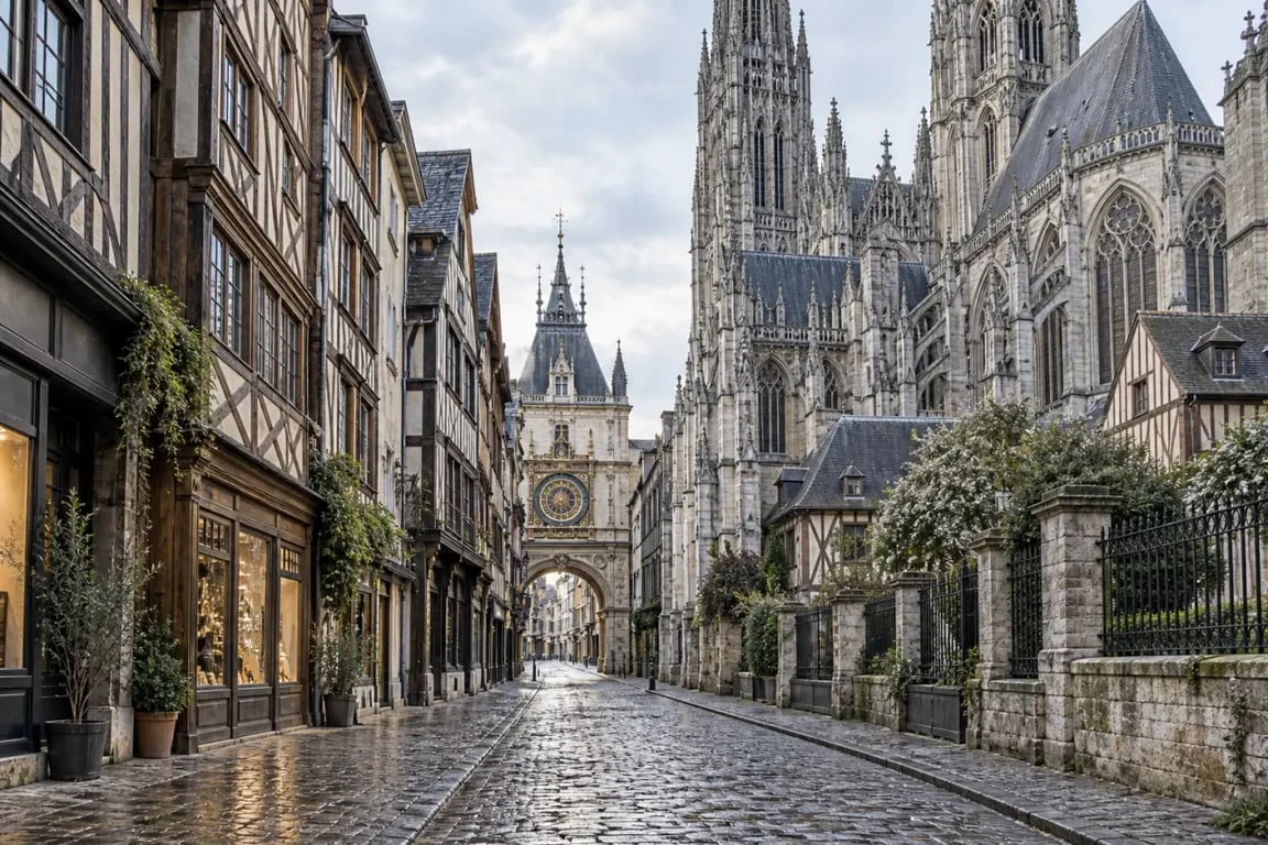 Visite patrimoine Rouen dans le centre historique avec la cathédrale Notre-Dame et les maisons à pans de bois