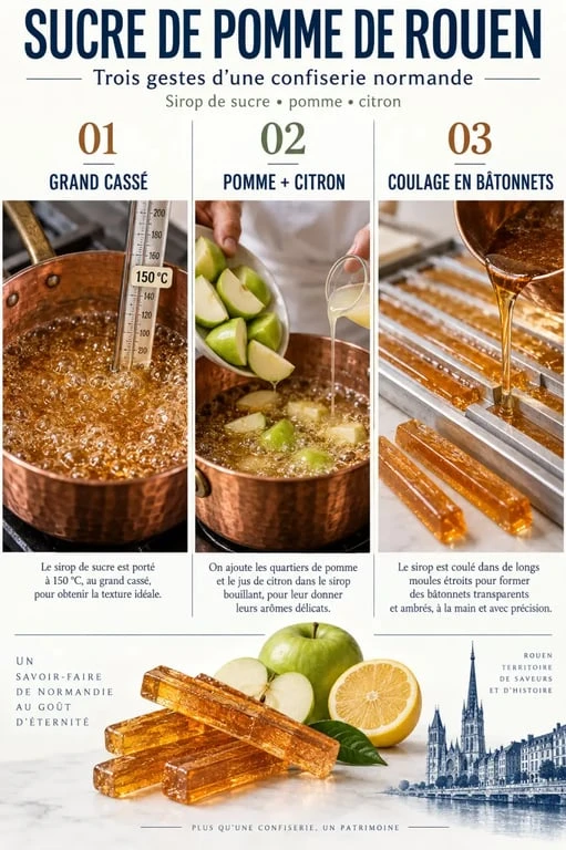 Étapes de fabrication du sucre de pomme de Rouen jusqu'au coulage en bâtonnets transparents