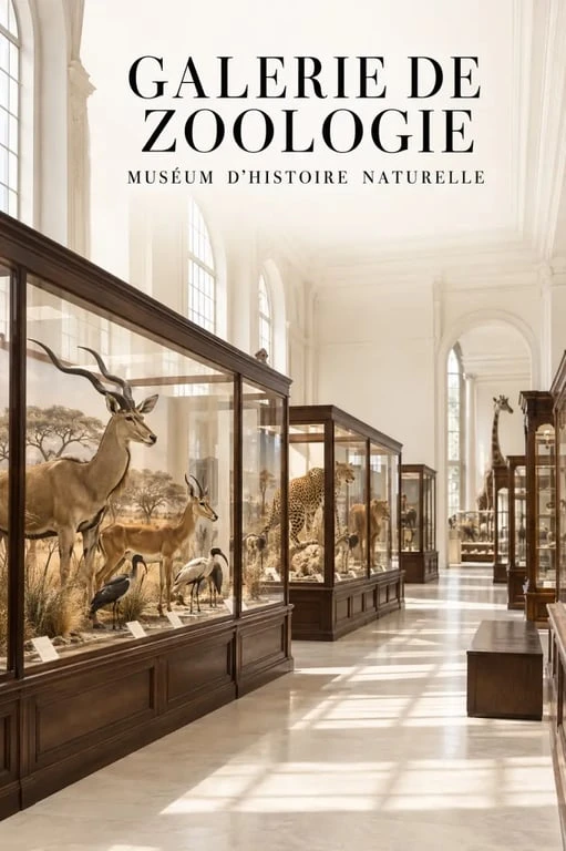 Galerie du muséum d'histoire naturelle de Rouen avec spécimens naturalisés en vitrine