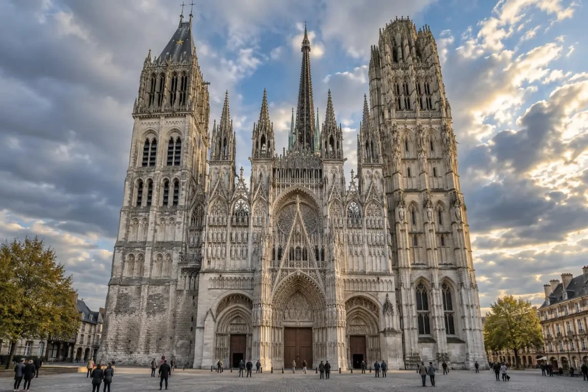 Exposition Monet Rouen : façade de la cathédrale observée par les visiteurs