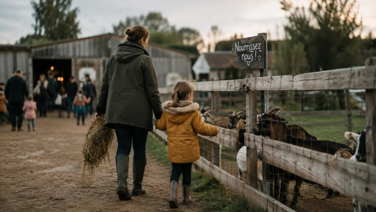 Ferme a visiter rouen : enfant guide devant chèvres