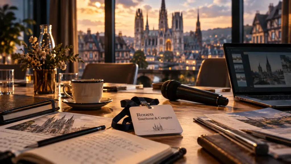 Rouen normandie tourisme et congrès : réunion face à la cathédrale Notre-Dame de Rouen