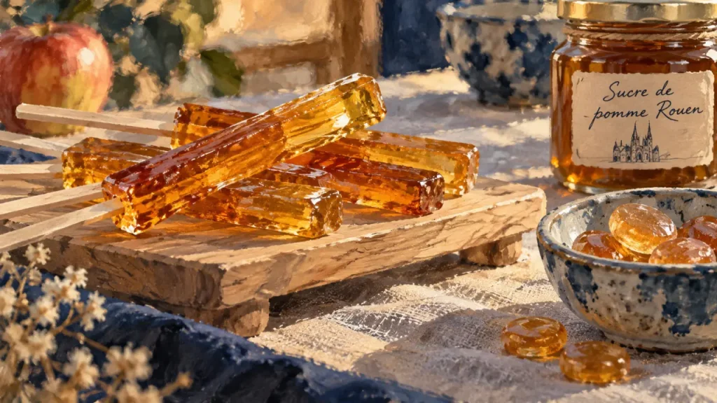 Sucre de pomme Rouen, bâtonnets transparents et caramel ambré