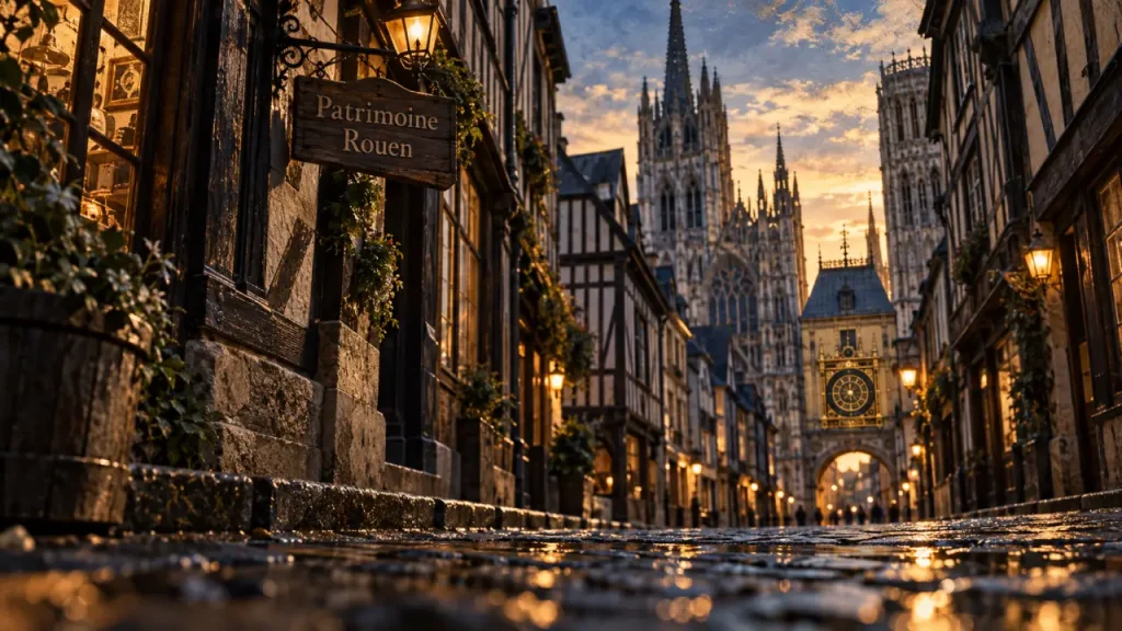 Visite patrimoine Rouen : ruelle pavée, cathédrale et Gros-Horloge
