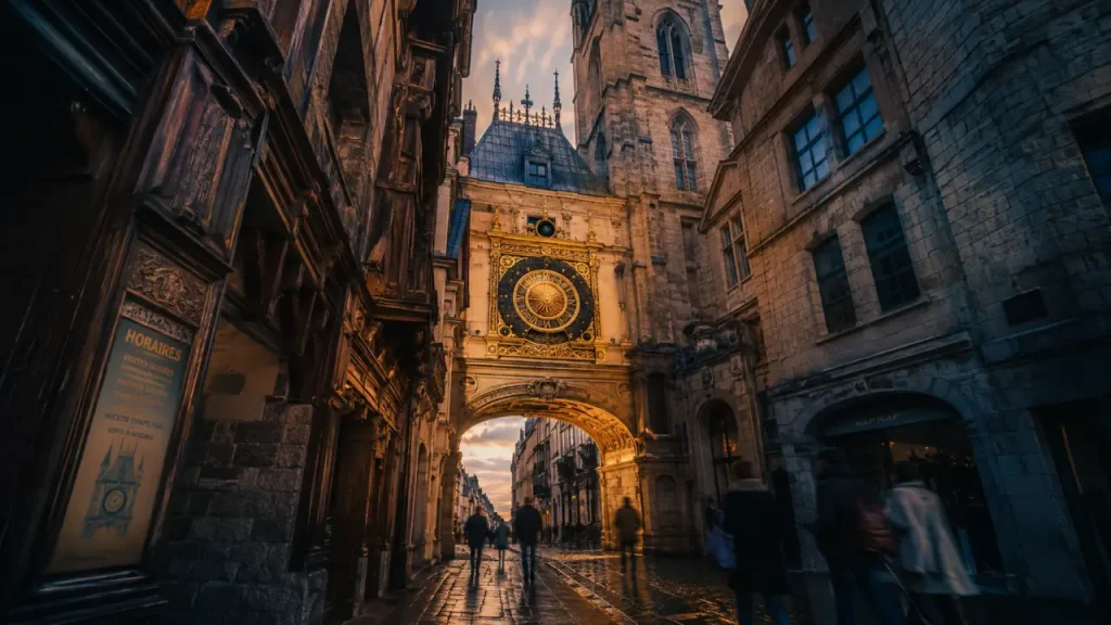 Golden hour devant la Gros Horloge de Rouen, pour visiter gros horloge rouen