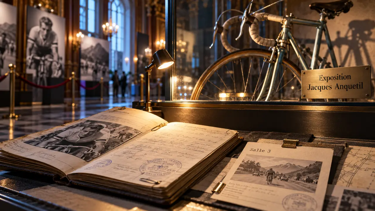 Exposition jacques anquetil rouen : vitrine de l’Hôtel de Ville, carnet et fiche d’exposition