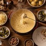 restaurant fondue rouen : caquelon fumant, fromage filant