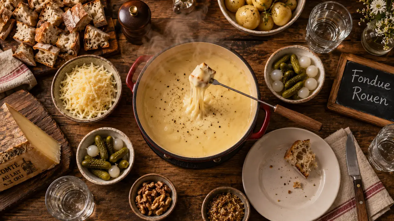 restaurant fondue rouen : caquelon fumant, fromage filant