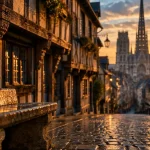 Visiter Rouen : cathédrale Notre-Dame et maisons à pans de bois au coucher du soleil