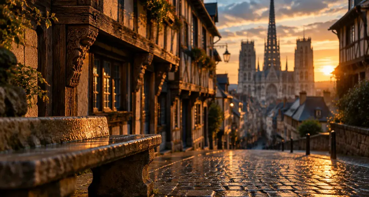 Visiter Rouen : cathédrale Notre-Dame et maisons à pans de bois au coucher du soleil
